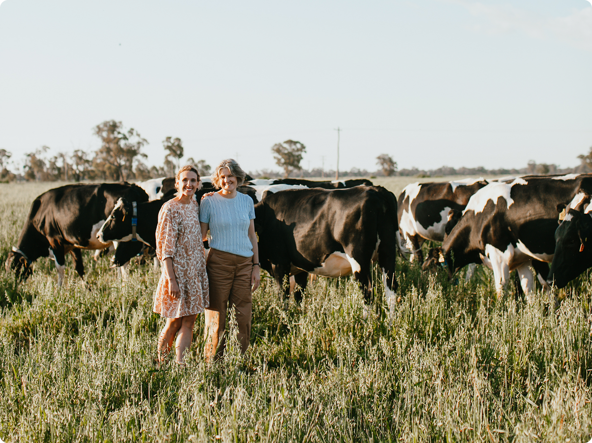 Two women standing in a grassy field with black-and-white cows in the background under a bright sky.