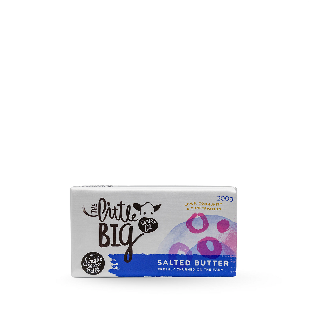 The Little Big Dairy Salted Butter 200g, featuring a white background with purple and blue watercolour accents and the brand logo on the front.